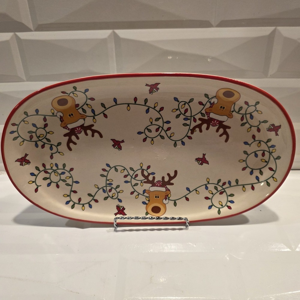 Temptations By Tara Oval Platter Winter Whimsy Reindeer